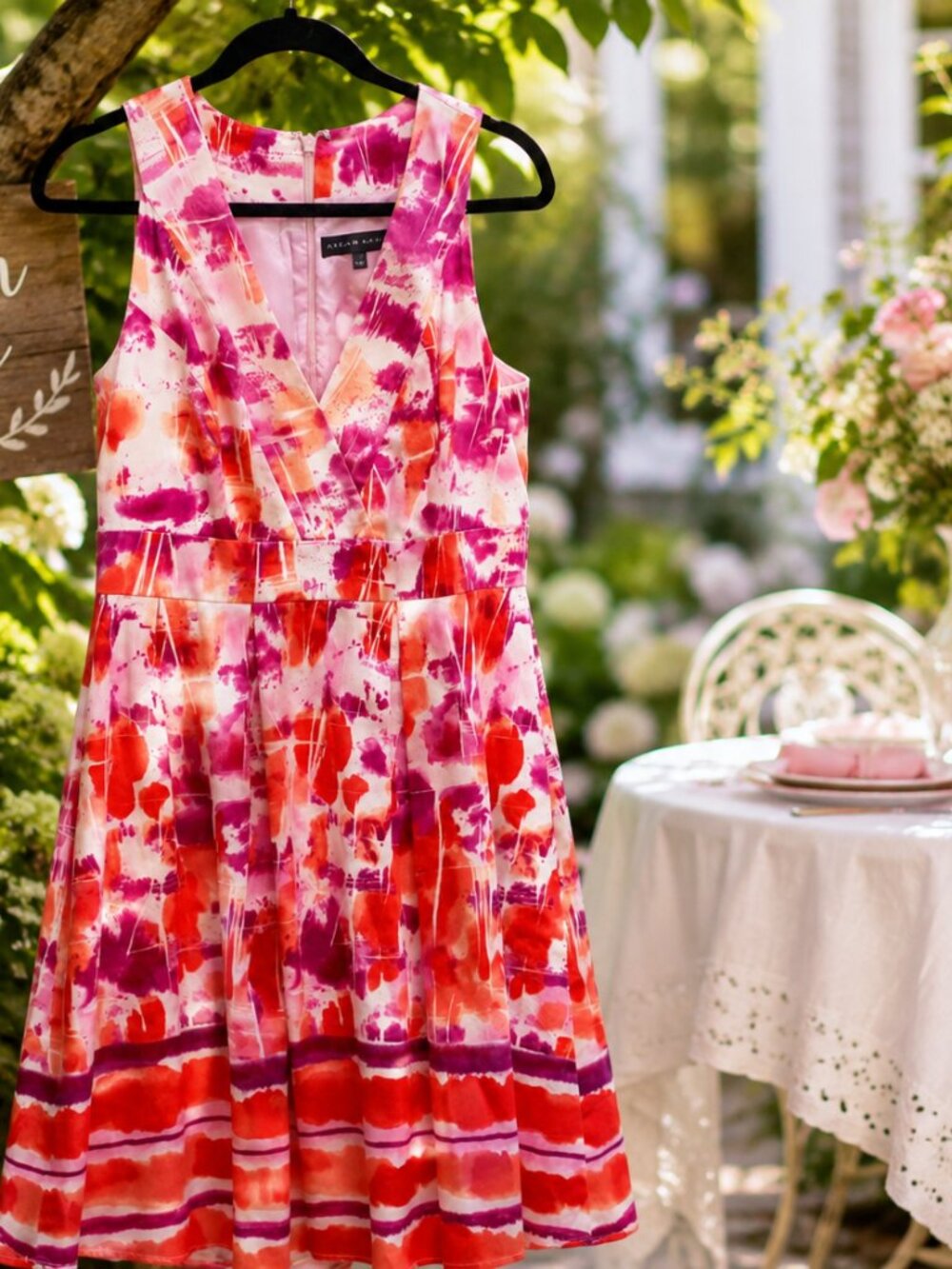 Aidan Mattox Pink Orange Watercolor Fit & Flare Cocktail Dress Size 2